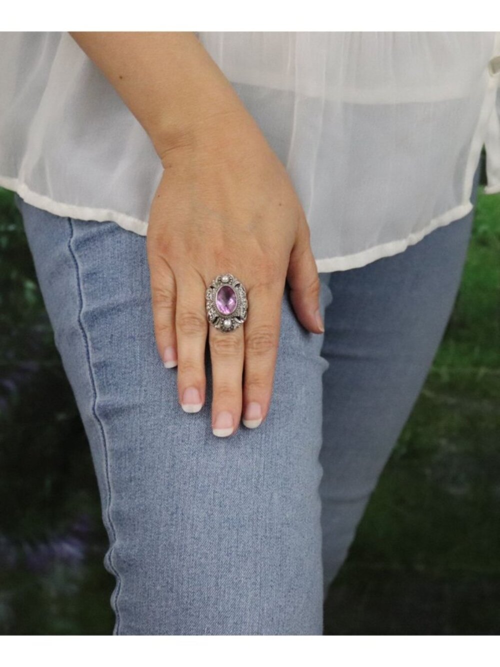 Sterling Silver Natural Amethyst and Pearl Ring Sarda Size 8 1/4 - Picture 3 of 7